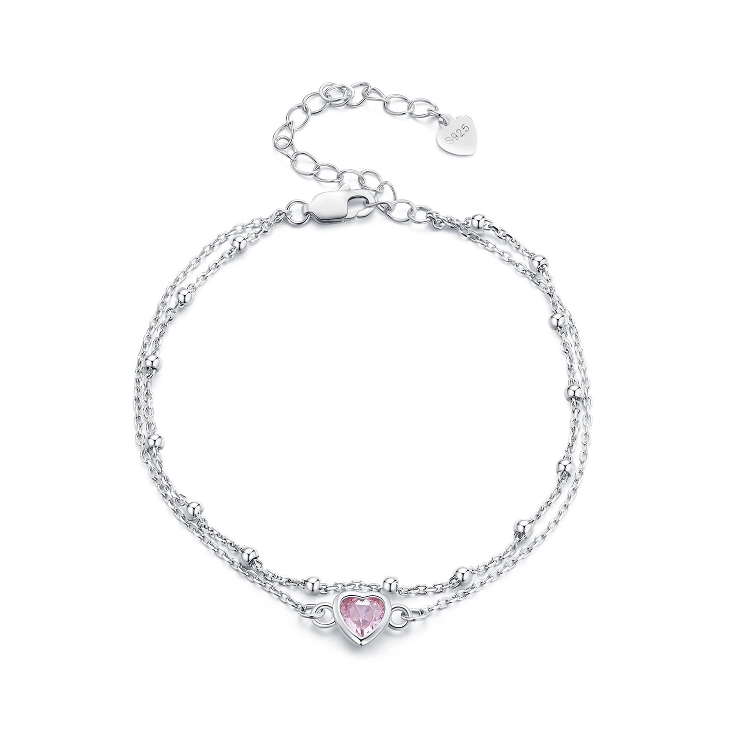 Double-layer pink heart-shaped bracelet s925 sterling silver platinum-plated love versatile bracelet