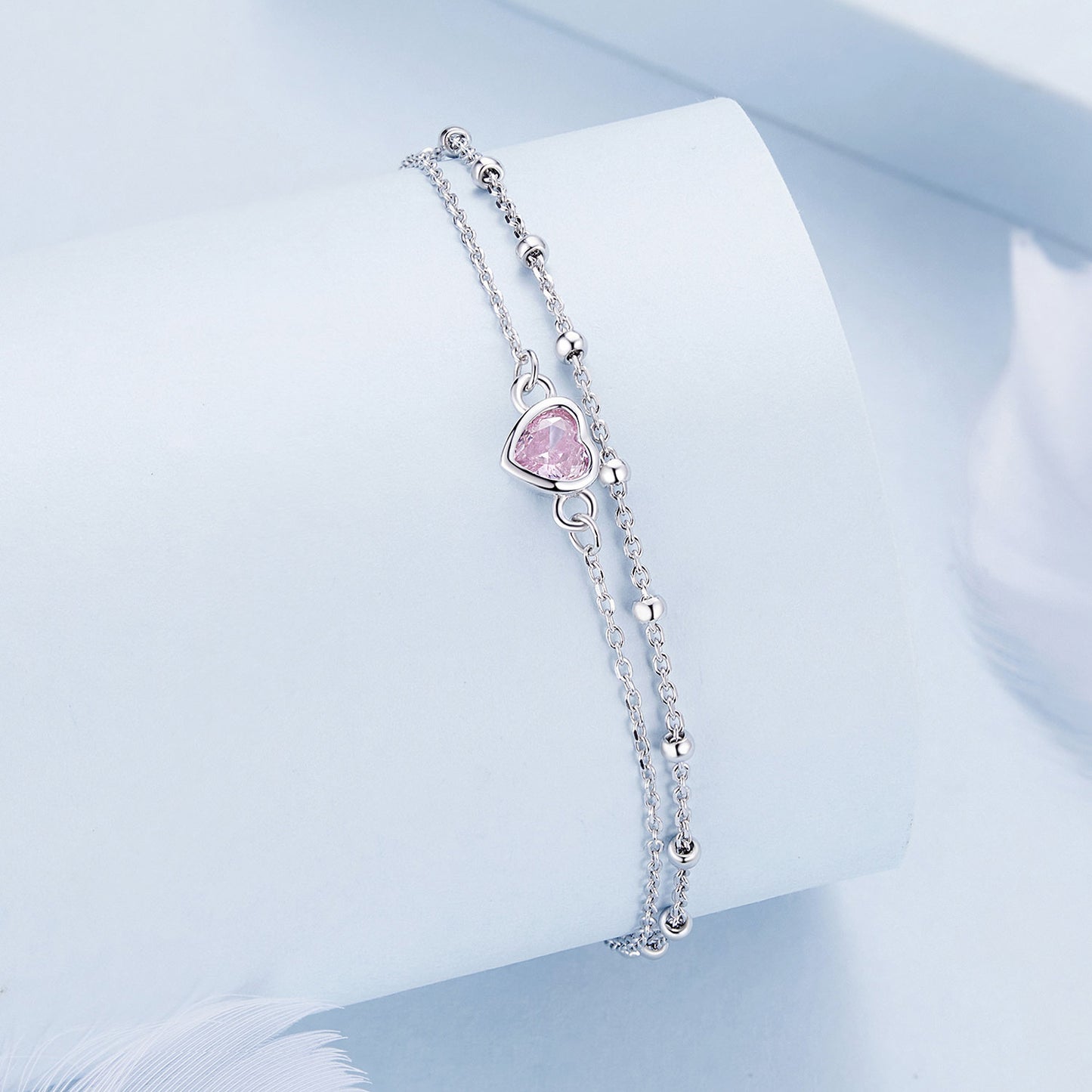 Double-layer pink heart-shaped bracelet s925 sterling silver platinum-plated love versatile bracelet