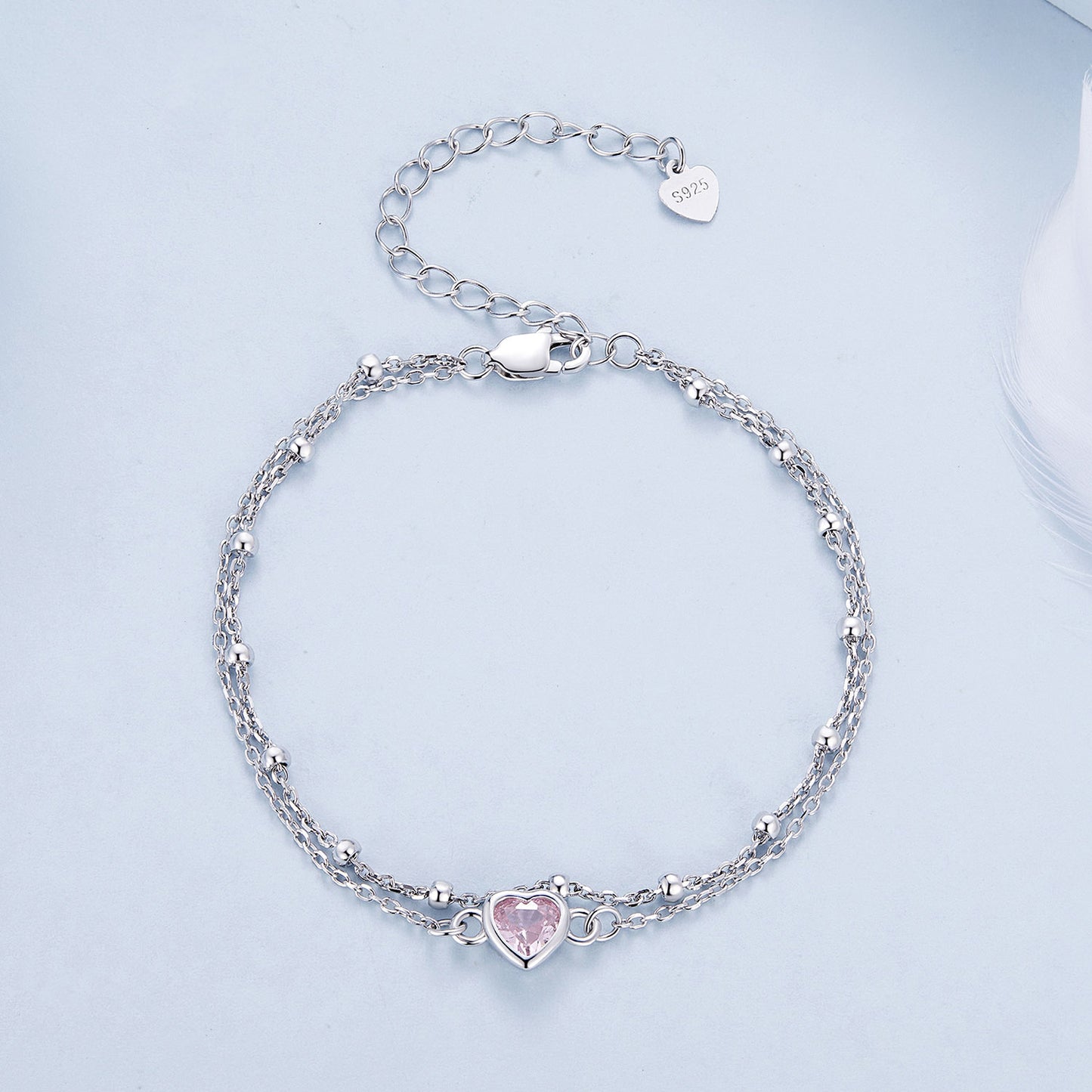 Double-layer pink heart-shaped bracelet s925 sterling silver platinum-plated love versatile bracelet