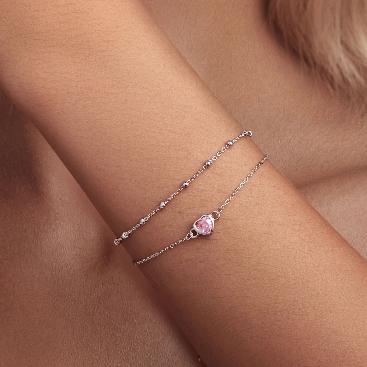 Double-layer pink heart-shaped bracelet s925 sterling silver platinum-plated love versatile bracelet