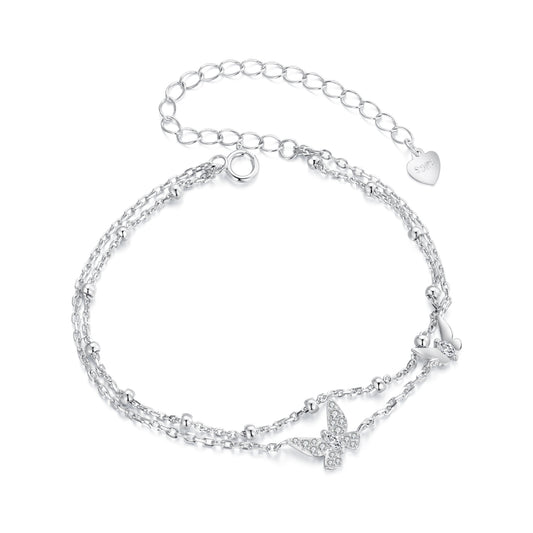 Fresh and sweet fairy style s925 sterling silver butterfly double-layer bracelet