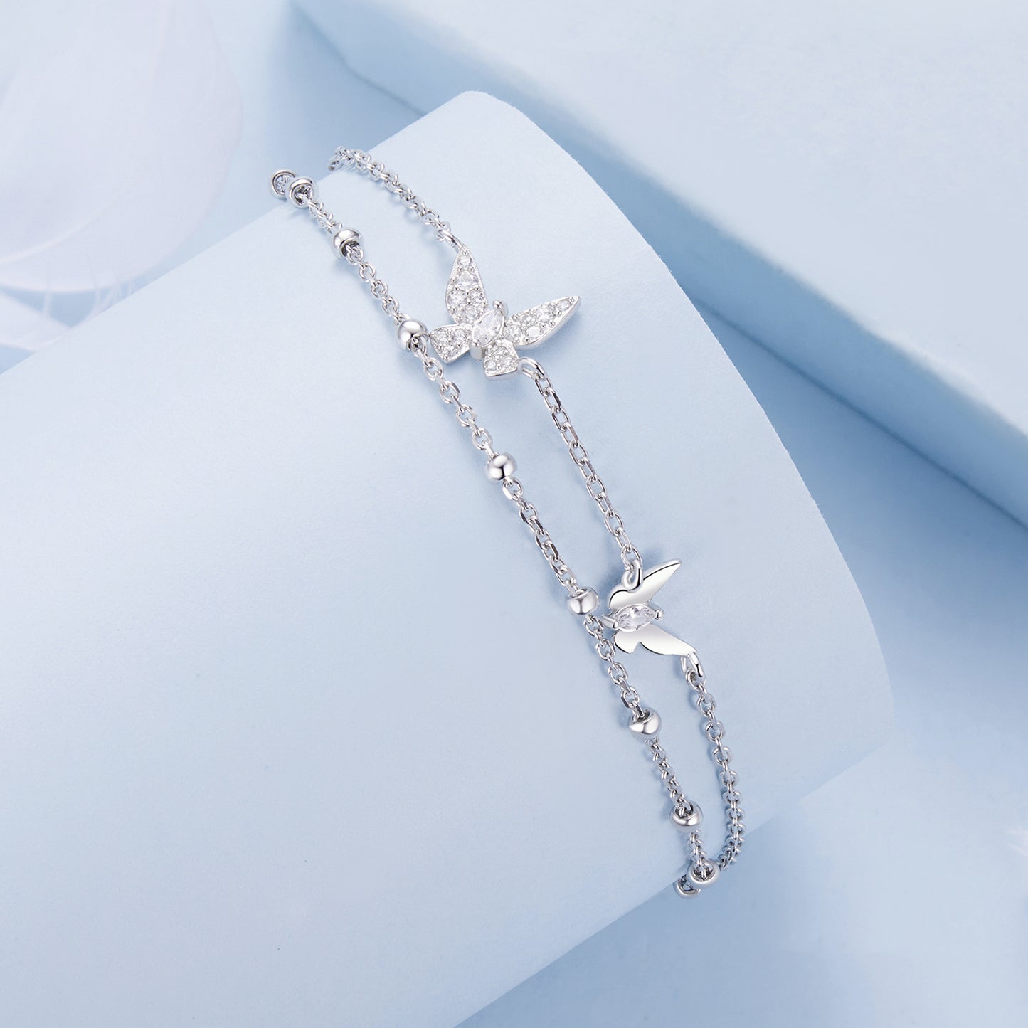 Fresh and sweet fairy style s925 sterling silver butterfly double-layer bracelet