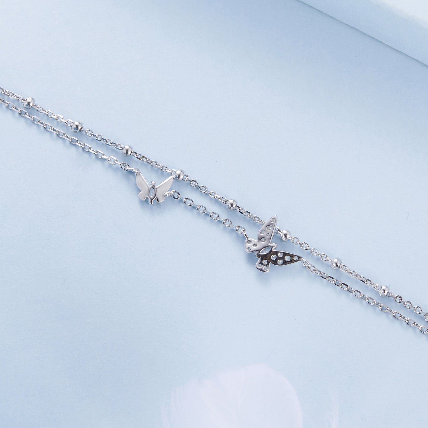 Fresh and sweet fairy style s925 sterling silver butterfly double-layer bracelet