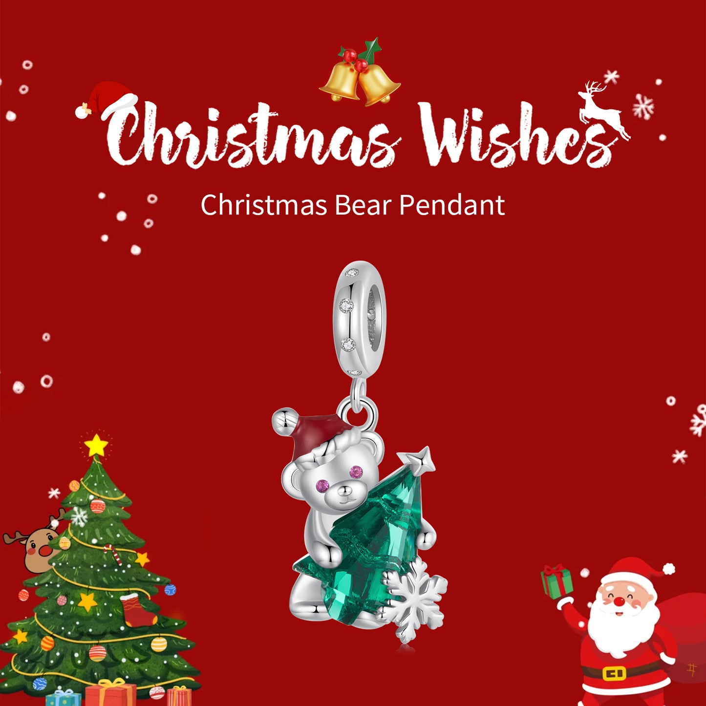 Cute Christmas Bear Pendant s925 Pure Silver DIY Jewelry