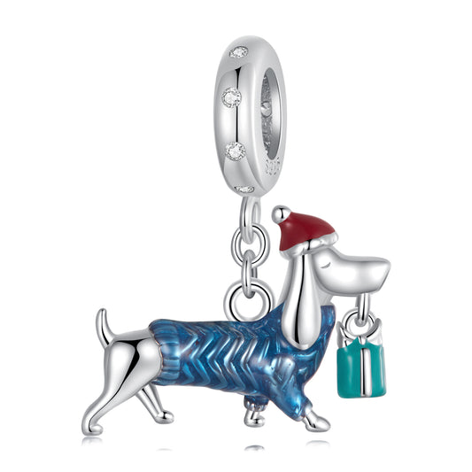 Cute Christmas Sausage Dog Pendant s925 Pure Silver Bead DIY