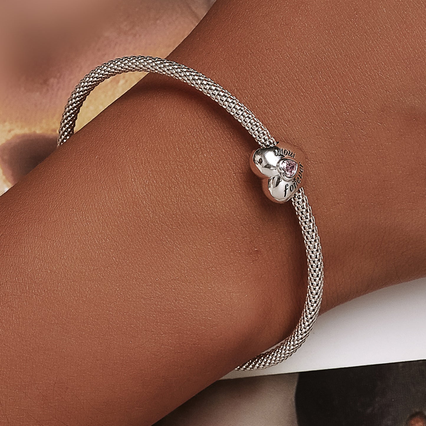 S925 pure silver heart-shaped family bead bracelet with simple heart shape