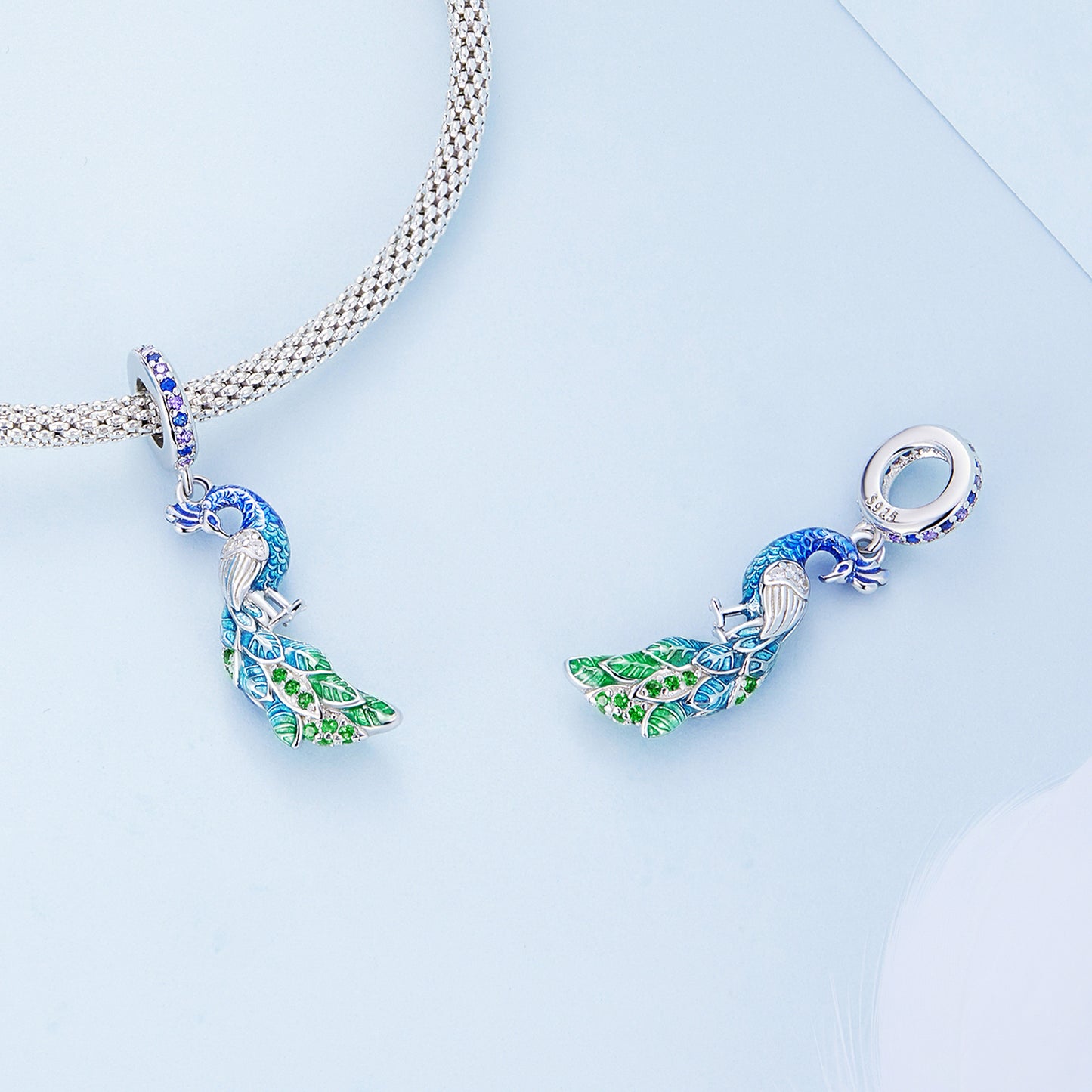 Gradient Dripping Oil Peacock Pendant Exquisite Luxury 925 Silver DIY Bracelet with Beads