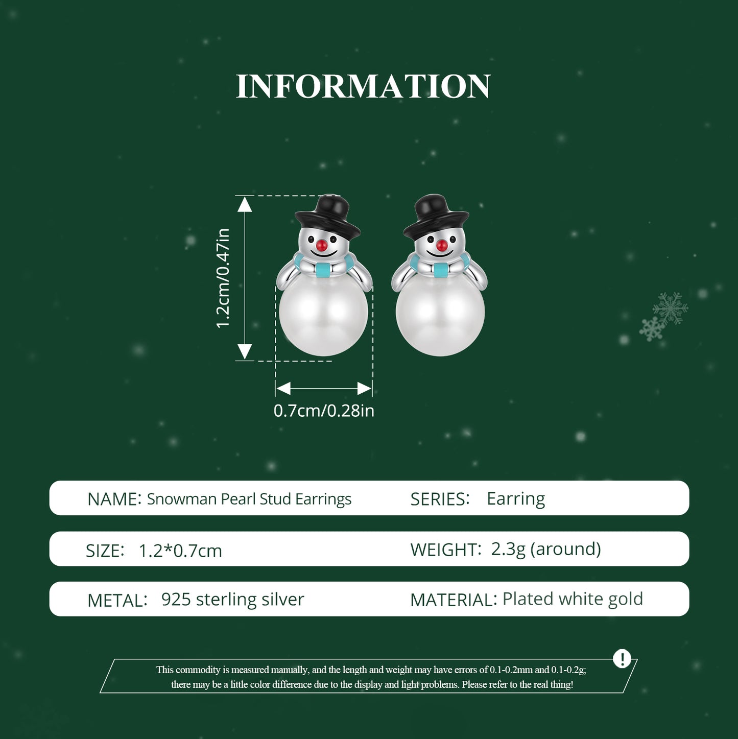 Weihnachten Schneemann Earnail Weibliche Kreative Perle s925 Reinem Silber Ohrringe Weihnachten Geschenk