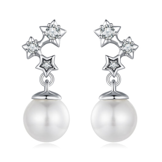 Versatile star pearl earrings s925 pure silver oxidized elegant earrings