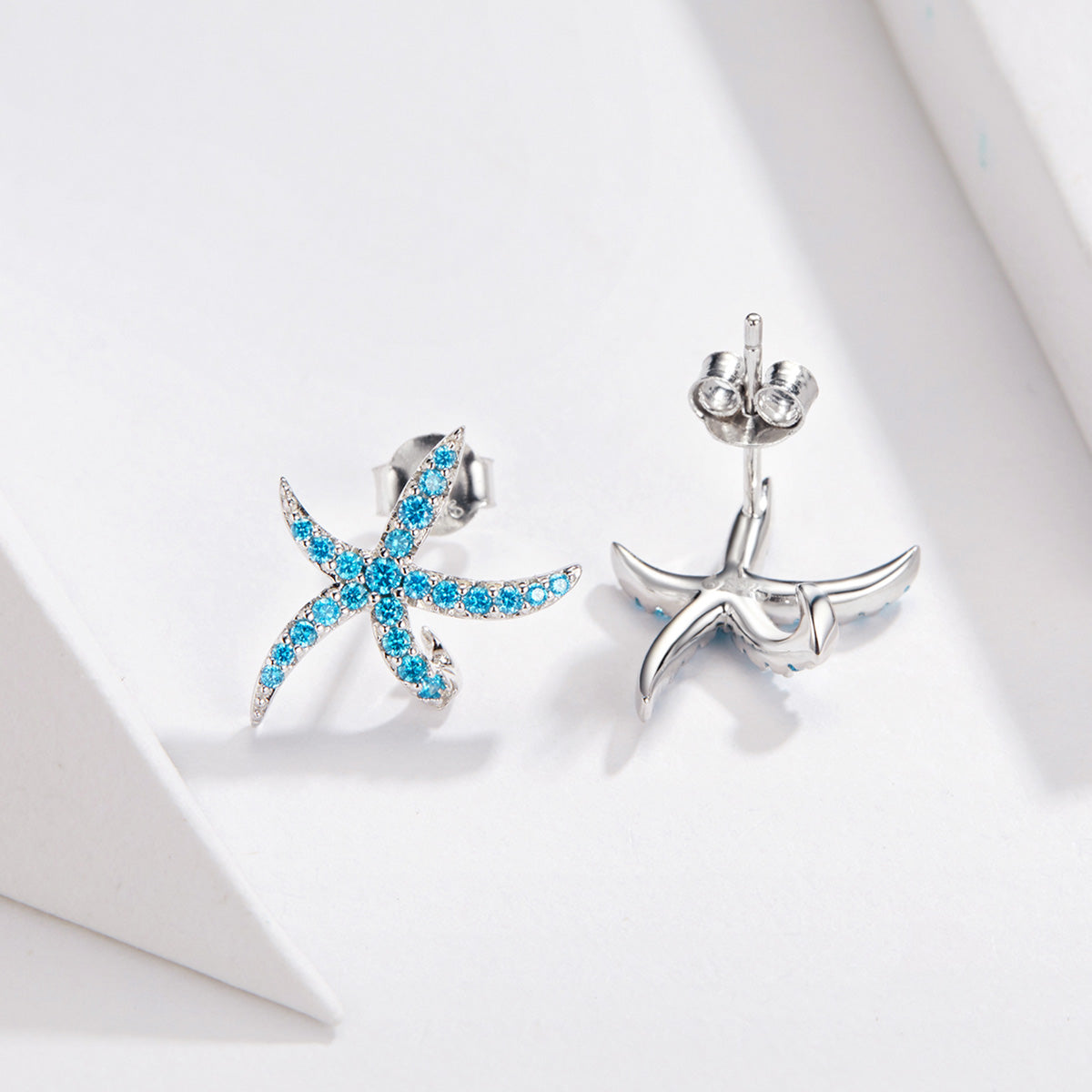 Fashionable blue diamond starfish earrings small fresh ocean s925 pure silver earrings