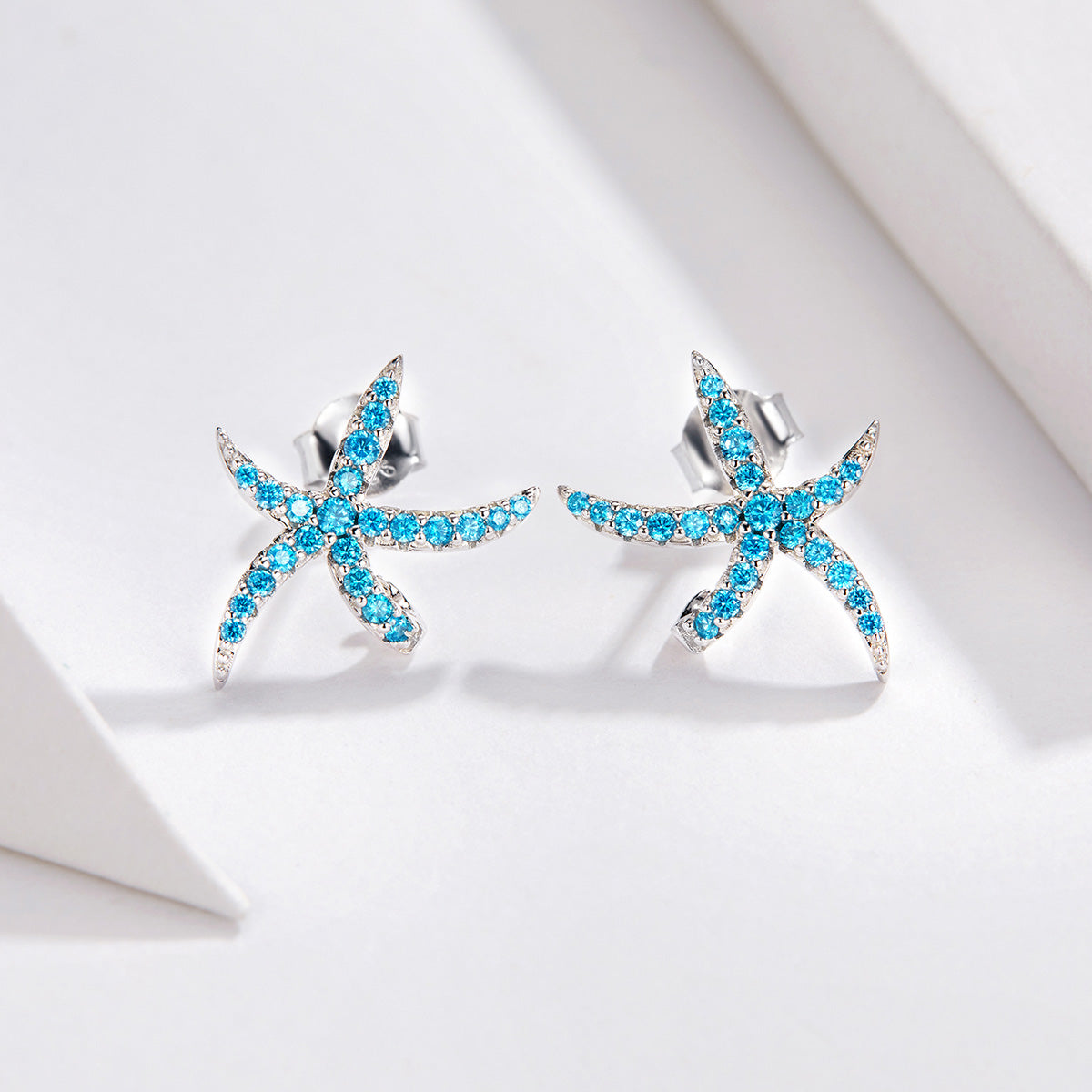 Fashionable blue diamond starfish earrings small fresh ocean s925 pure silver earrings