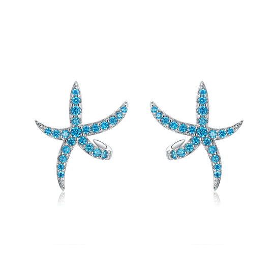 Fashionable blue diamond starfish earrings small fresh ocean s925 pure silver earrings