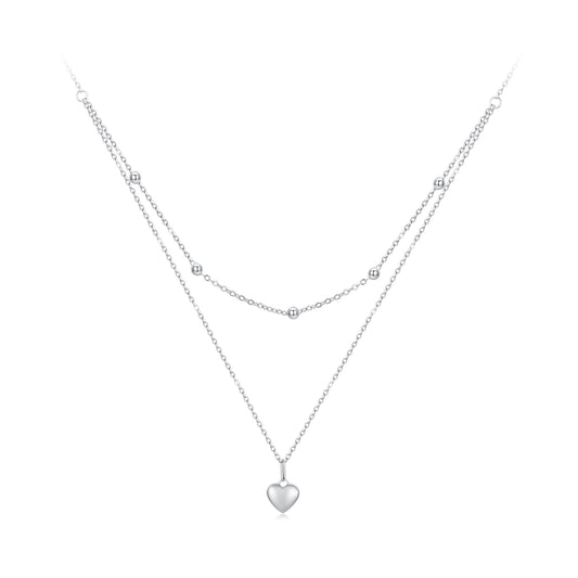 Fashionable pure silver S925 platinum plated necklace, simple double-layer heart-shaped design