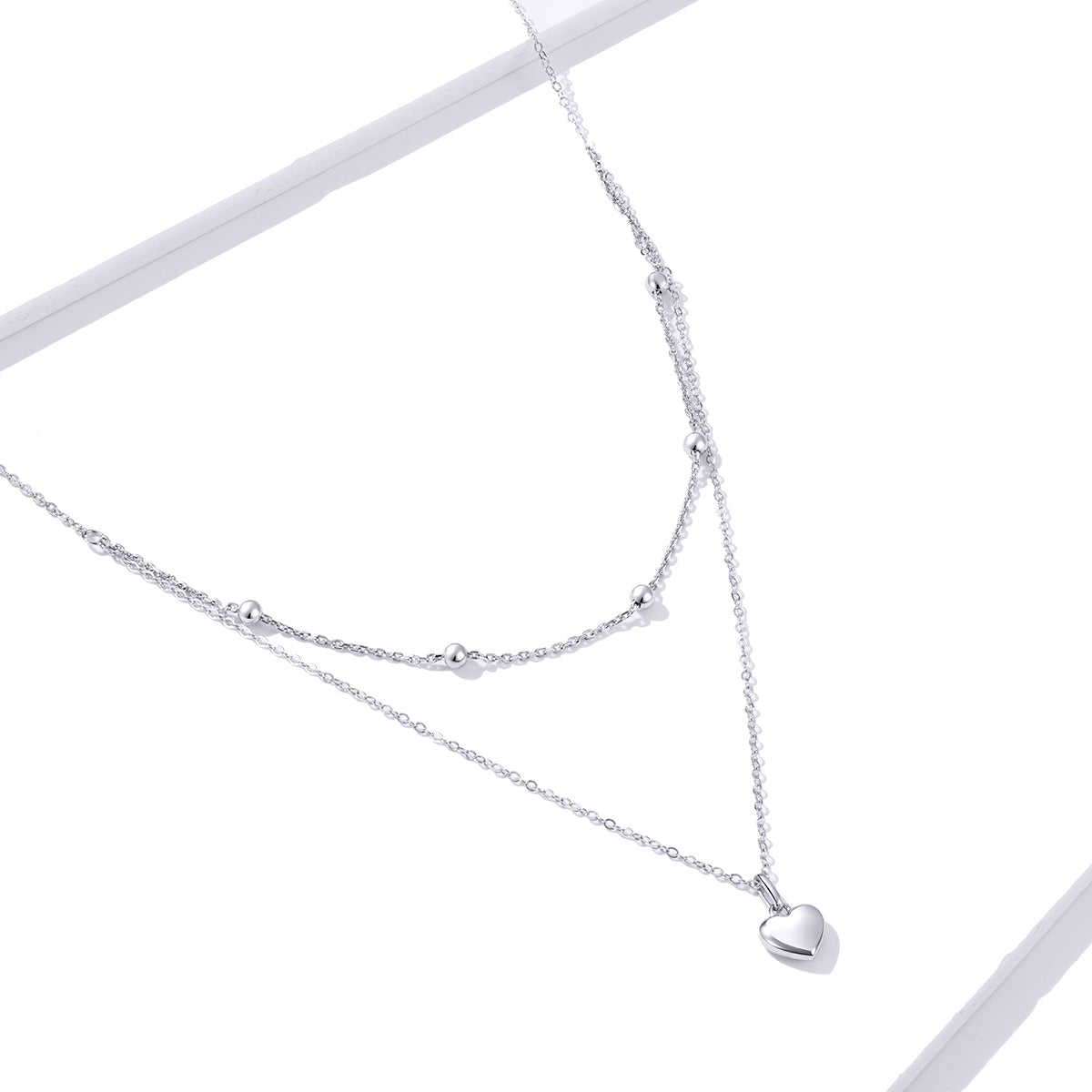 Fashionable pure silver S925 platinum plated necklace, simple double-layer heart-shaped design