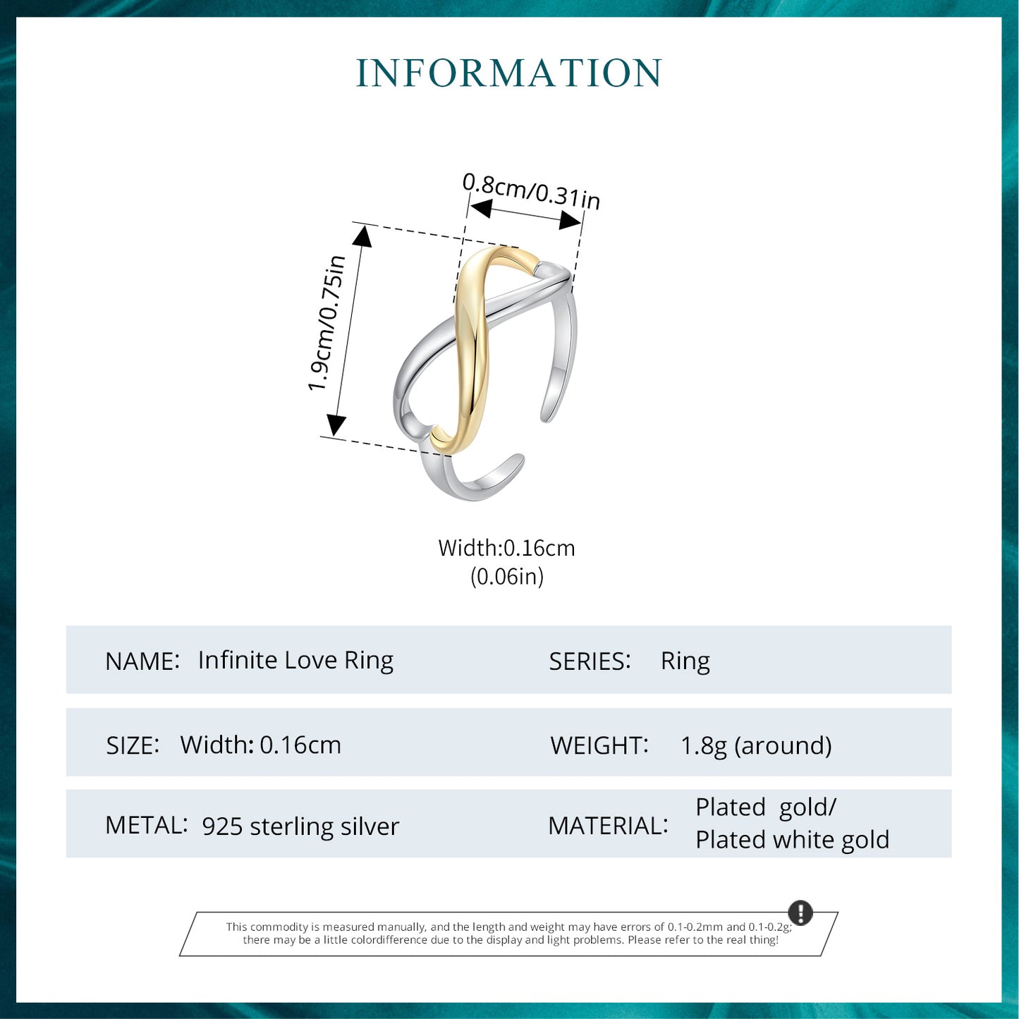 Infinite symbol heart opening ring s925 pure silver