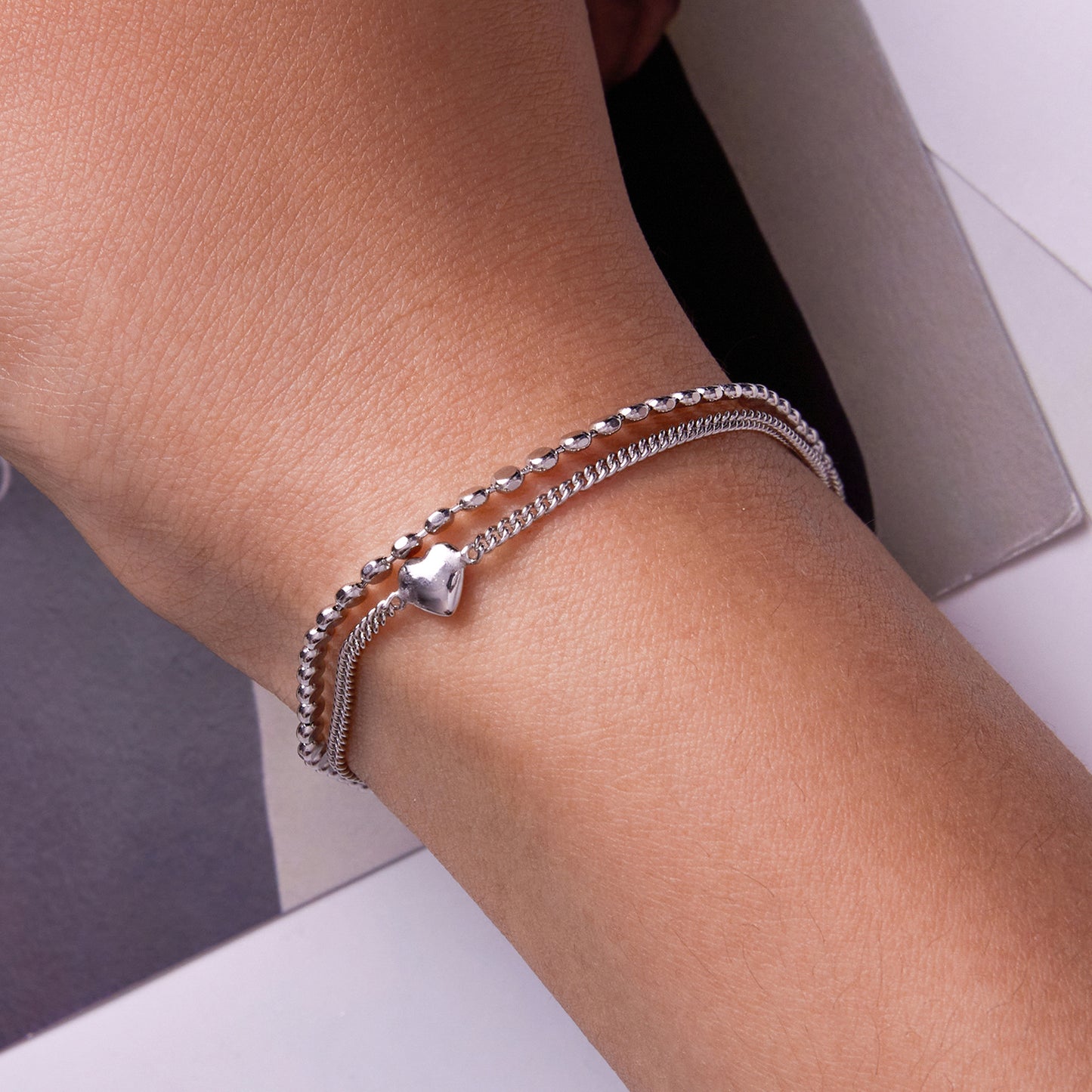 Pure silver s925 minimalist double-layer heart bracelet