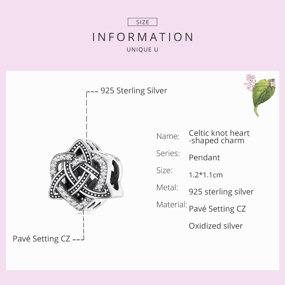 Pure silver s925 Celtic knot heart-shaped bead