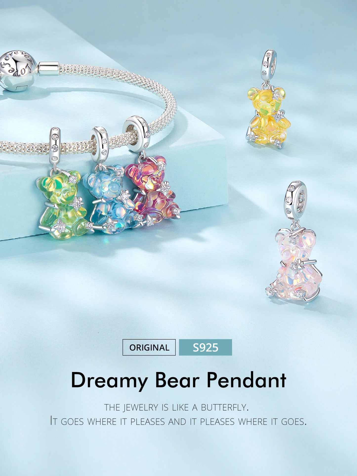 Dreamy multi colored teddy bear DIY pendant with sweet and girlish vibe s925 silver bracelet with beaded beads