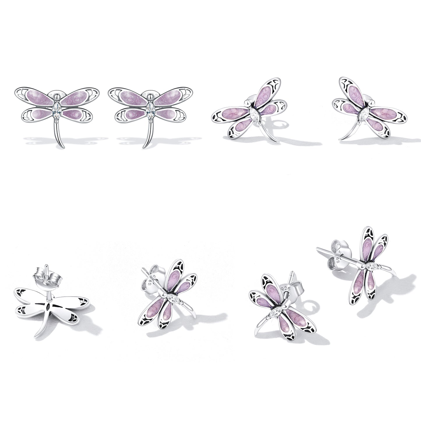 S925 Pure Silver Girl Pink Dragonfly Earrings with Pink Drip Oil Zircon Exquisite Hollow Earrings