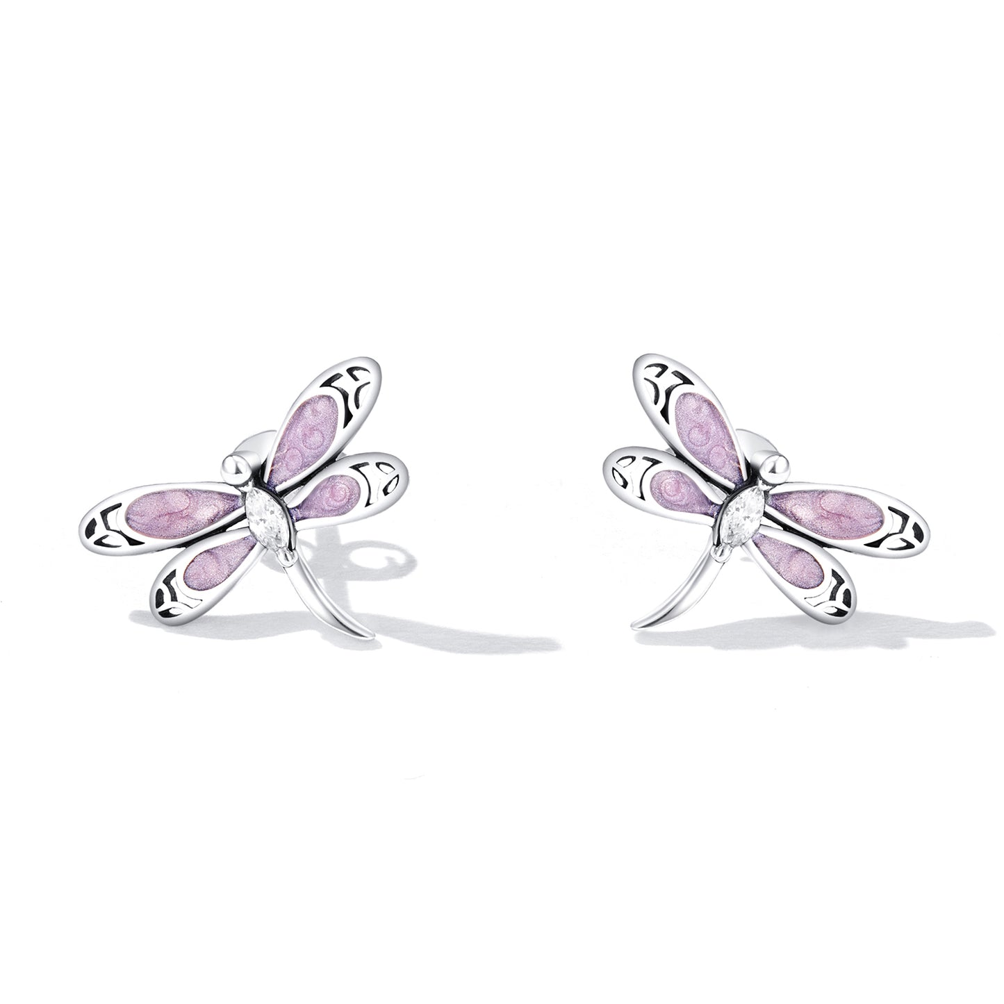 S925 Pure Silver Girl Pink Dragonfly Earrings with Pink Drip Oil Zircon Exquisite Hollow Earrings