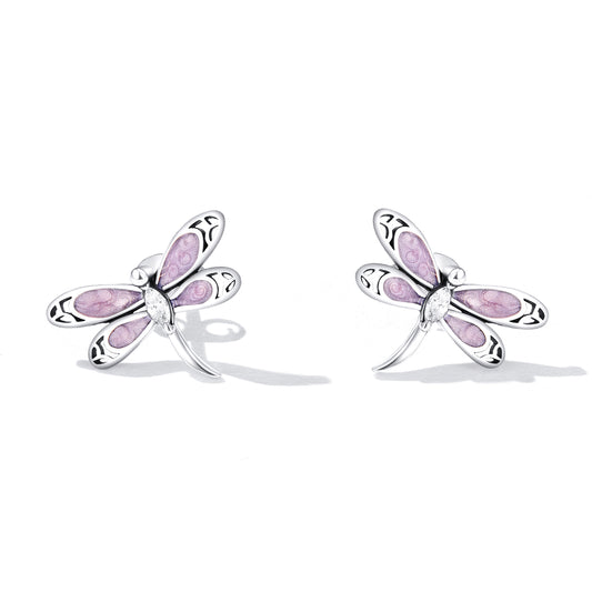 S925 Pure Silver Girl Pink Dragonfly Earrings with Pink Drip Oil Zircon Exquisite Hollow Earrings