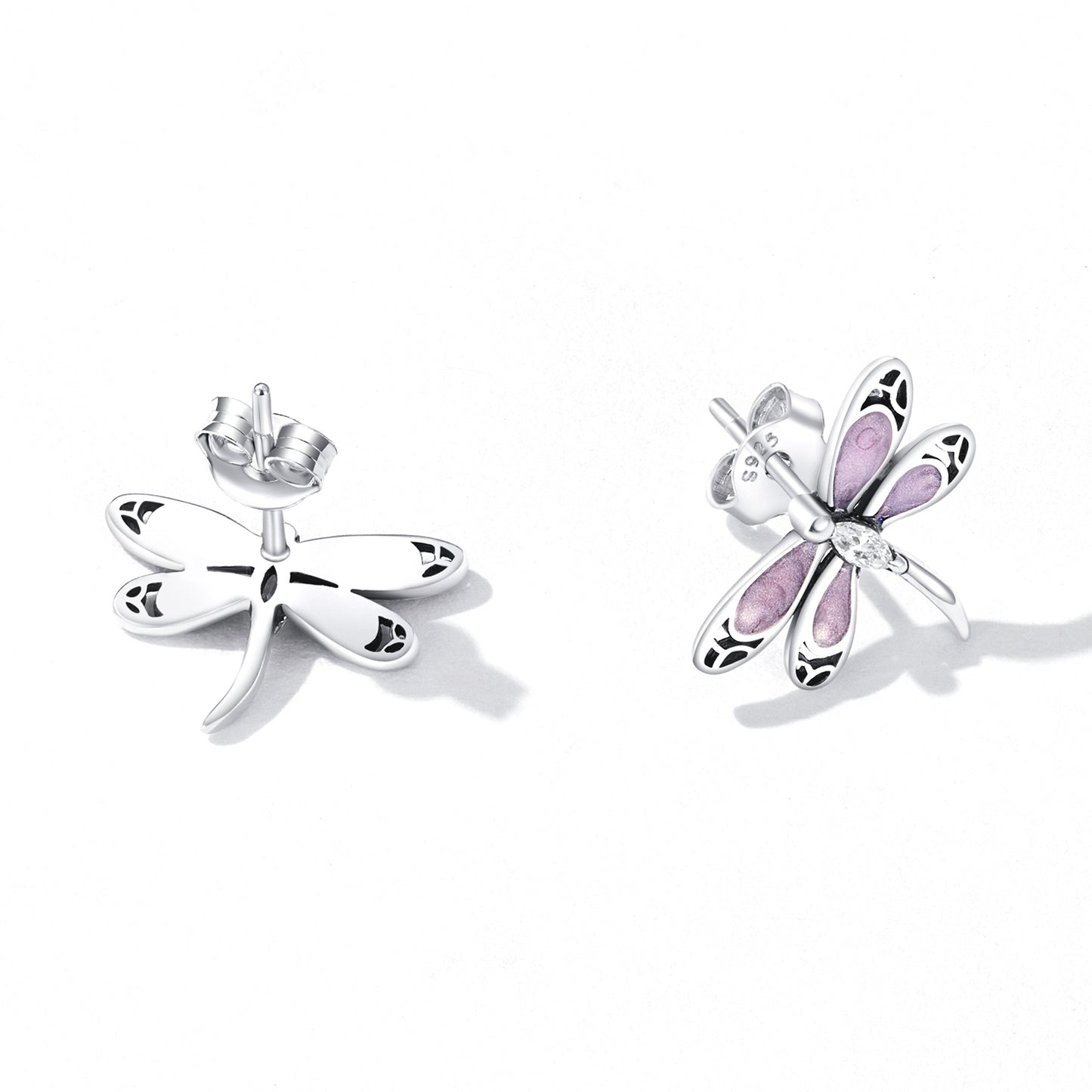 S925 Pure Silver Girl Pink Dragonfly Earrings with Pink Drip Oil Zircon Exquisite Hollow Earrings