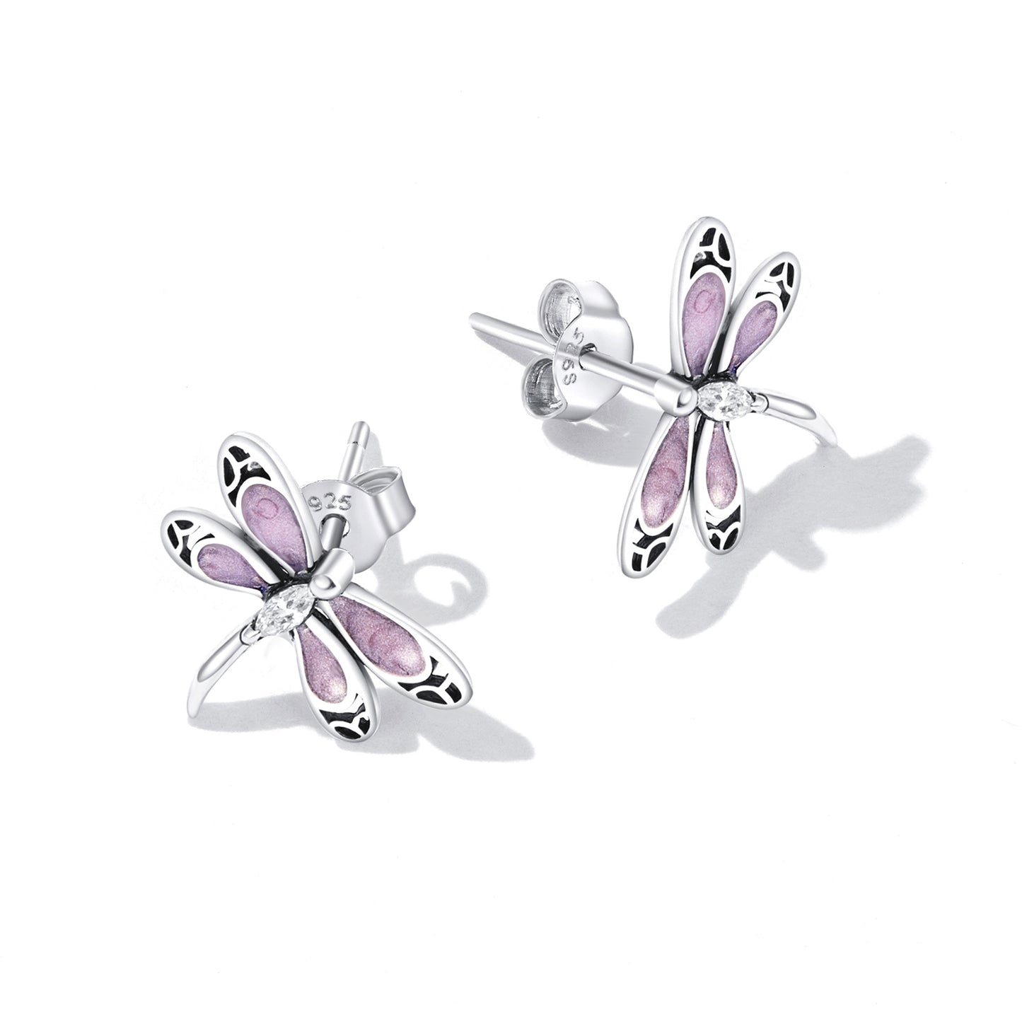 S925 Pure Silver Girl Pink Dragonfly Earrings with Pink Drip Oil Zircon Exquisite Hollow Earrings