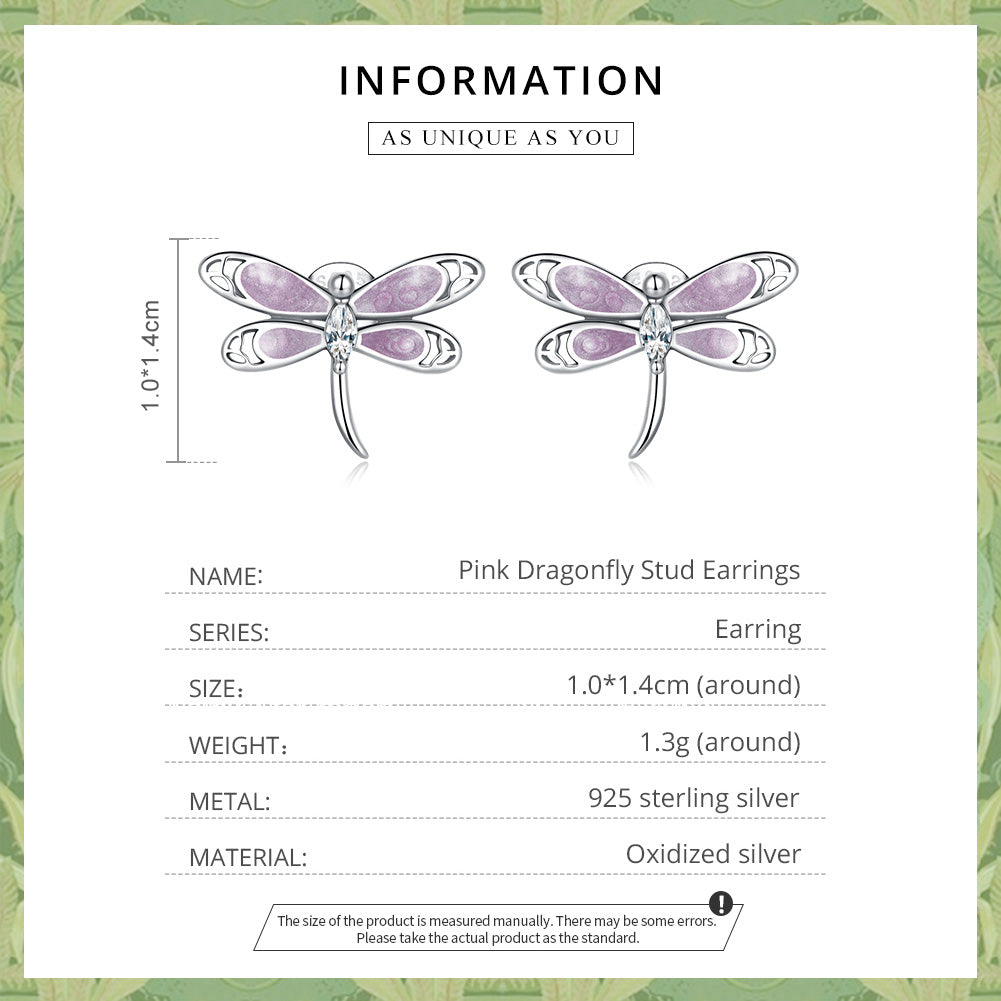 S925 Pure Silver Girl Pink Dragonfly Earrings with Pink Drip Oil Zircon Exquisite Hollow Earrings