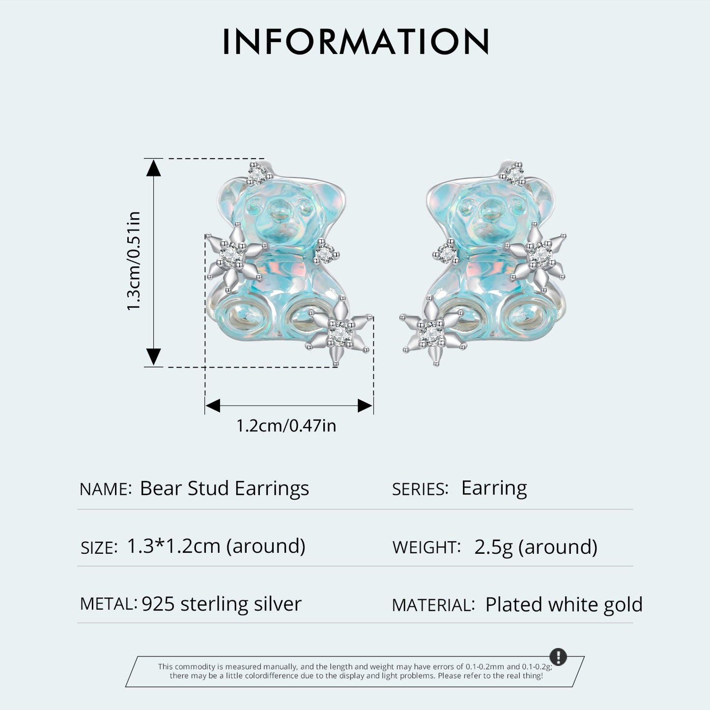 Ice blue cute little bear earrings S925 cute animal dream accessory