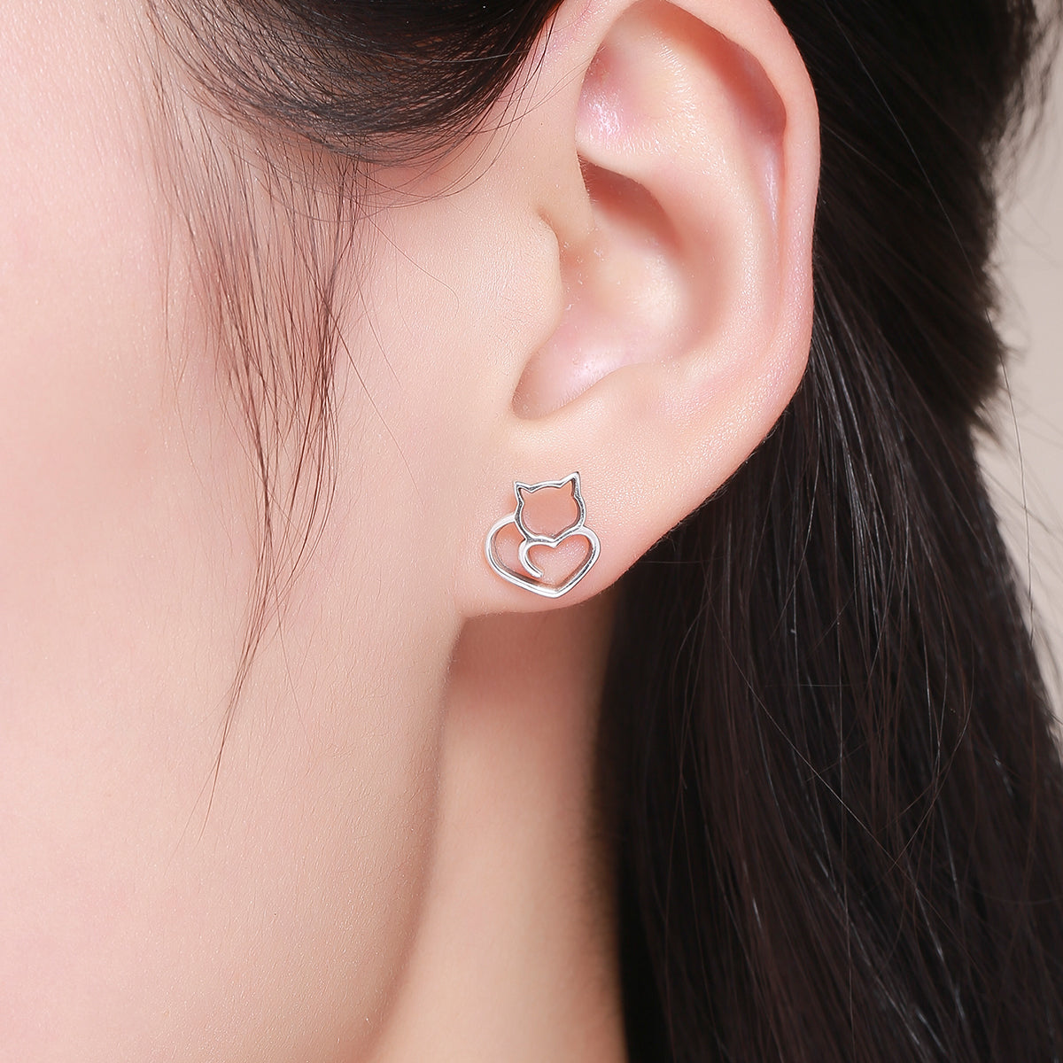 Cat earrings s925 pure silver hollow female earrings