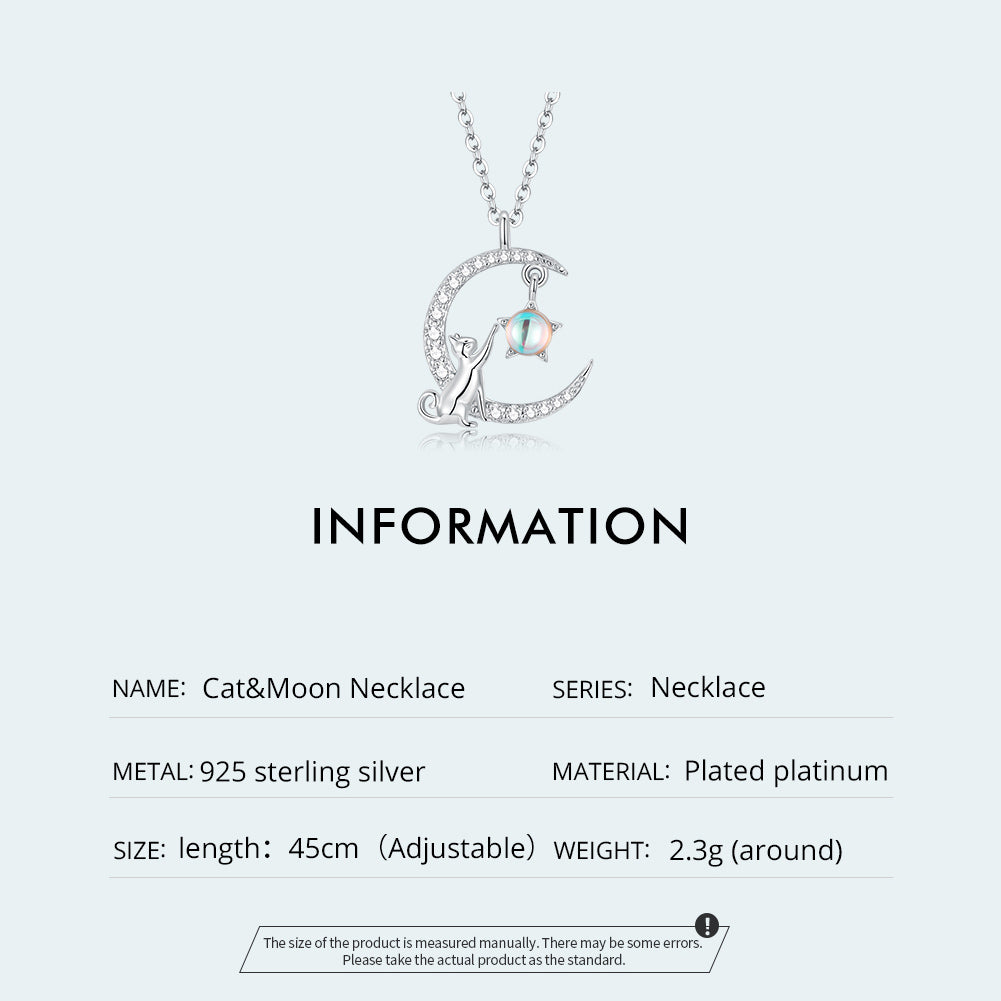 Pure silver s925 cat moon necklace plated with white gold zircon iridescent moonlight lazy animal pendant ornament