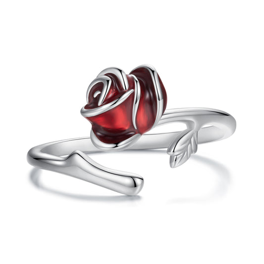 Vintage Red Rose Blossoms Ring French Elegant 925 Silver