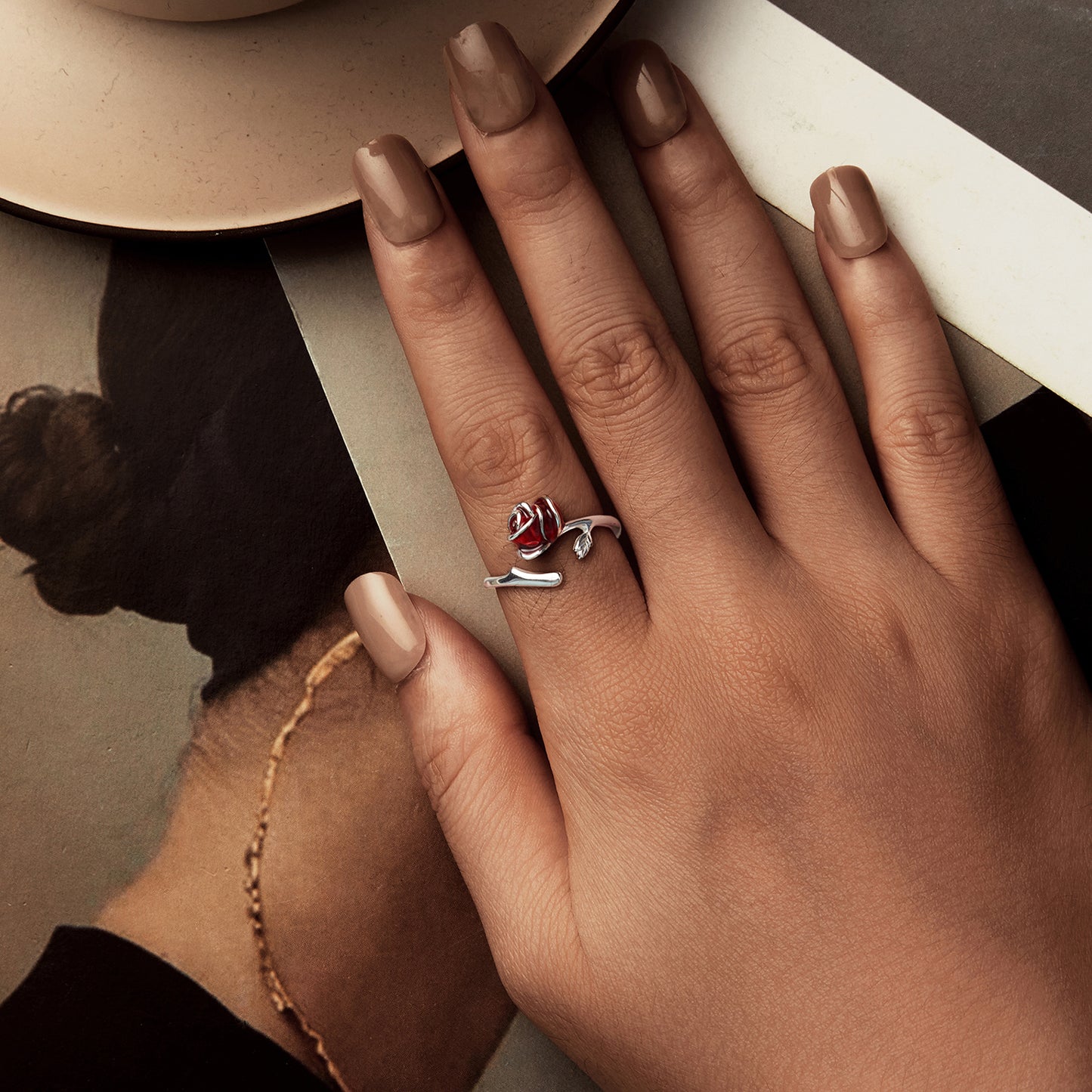 Vintage Red Rose Blossoms Ring French Elegant 925 Silver