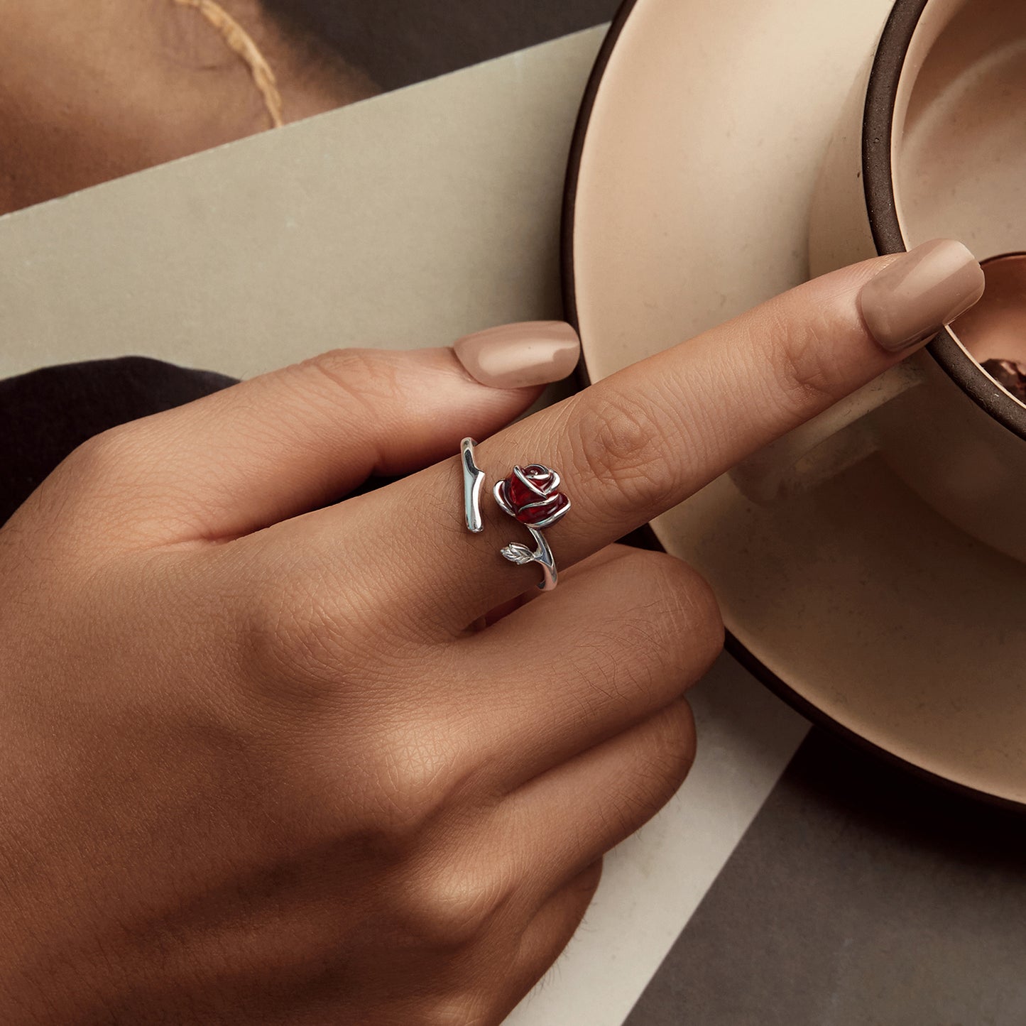 Vintage Red Rose Blossoms Ring French Elegant 925 Silver