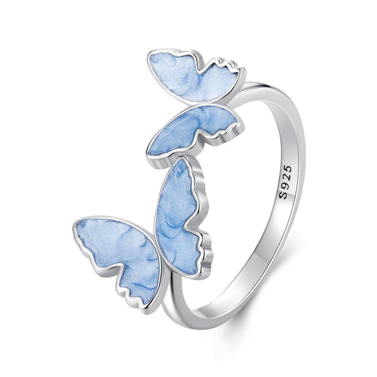 Forest style elegant butterfly opening ring adjustable ring s925 pure silver