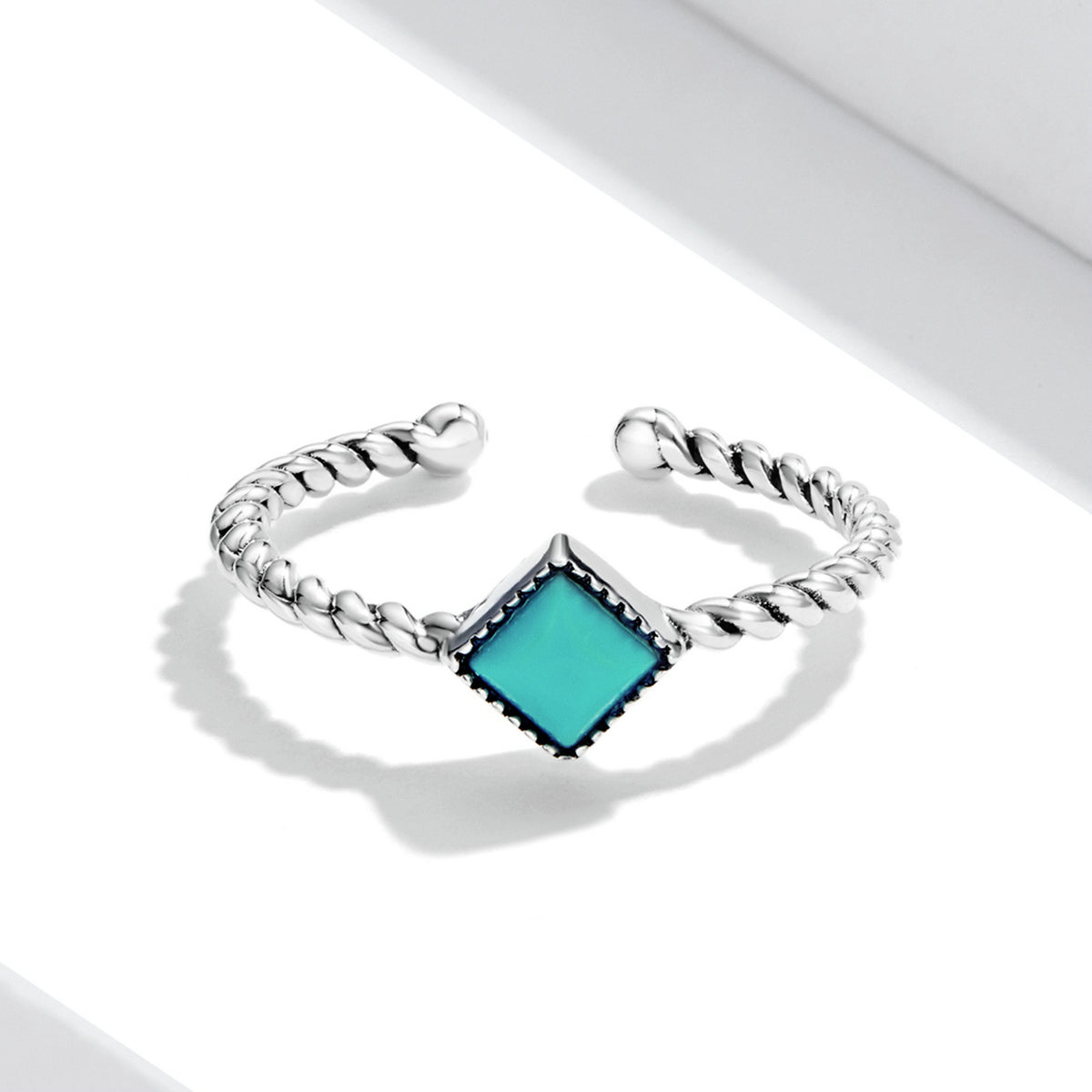 Solid silver geometric turquoise ring S925 square blue zircon opening